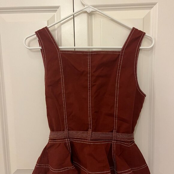 Ulla Johnson Denia Belted Topstitched Cotton-twill Peplum Top In Brick - Picture 4 of 5